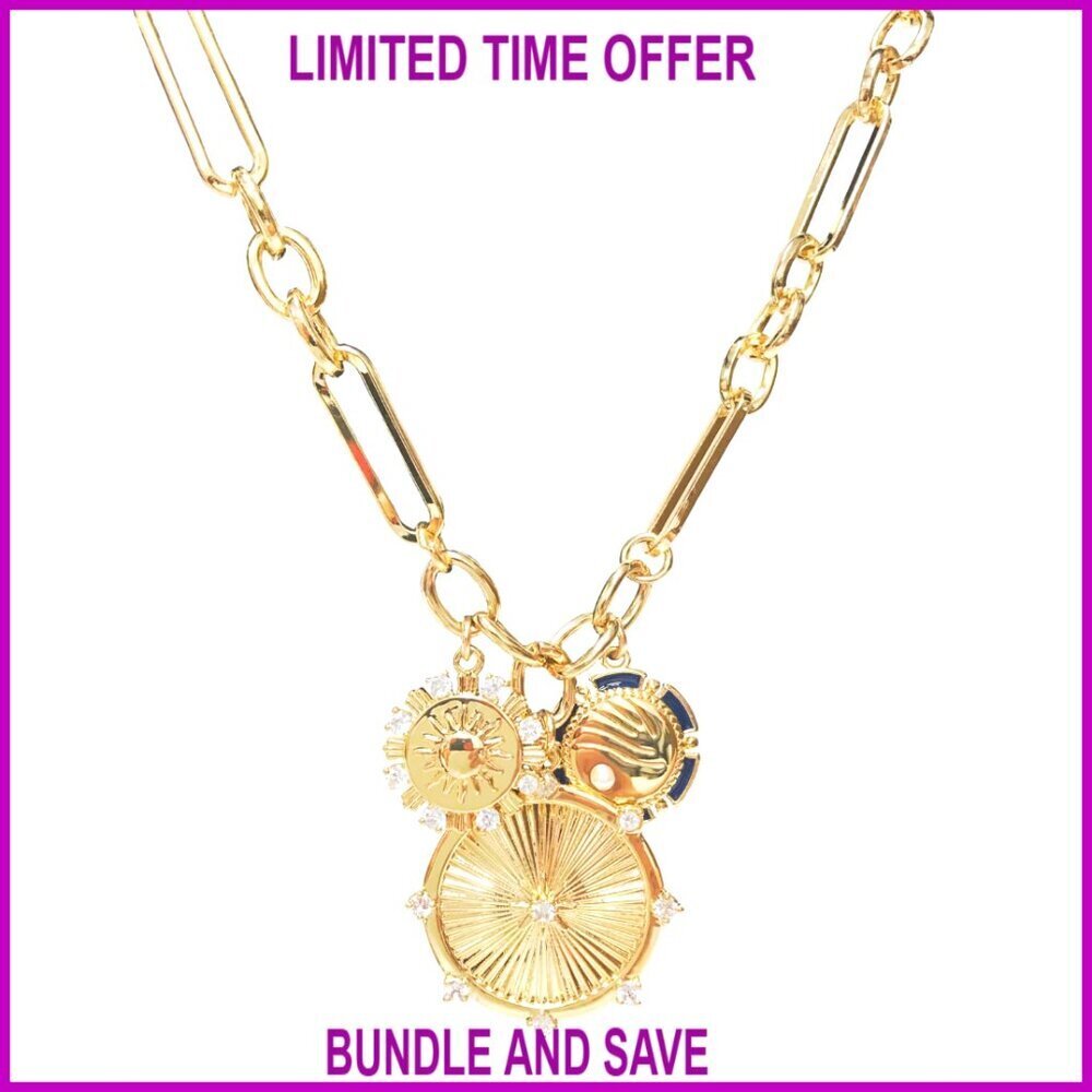 18K Gold Plated Chunky Chain Necklace with Sun Mountain Pendants